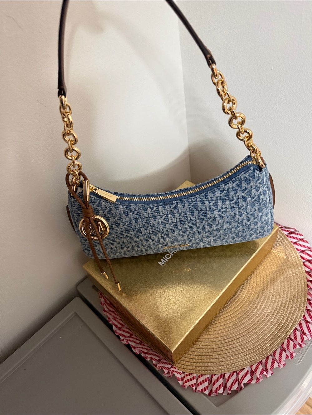 New:Michael Kors Blue Denim Monogram Shoulder Bag with Gold Hardware